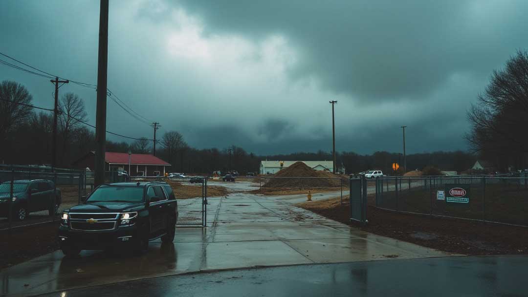 A secured construction site with security measures in place during a storm, ensuring disaster preparedness.