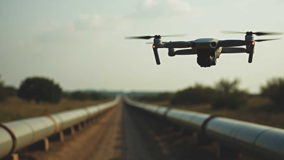 Security drone flying over a Texas pipeline monitored by oilfield security guards to deter theft and protect critical infrastructure.