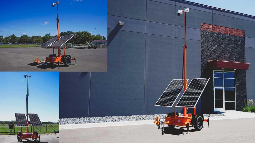 Smart cameras for construction sites by GPI Defense, shown in field-ready mobile trailer units with solar panels and high-resolution surveillance equipment.
