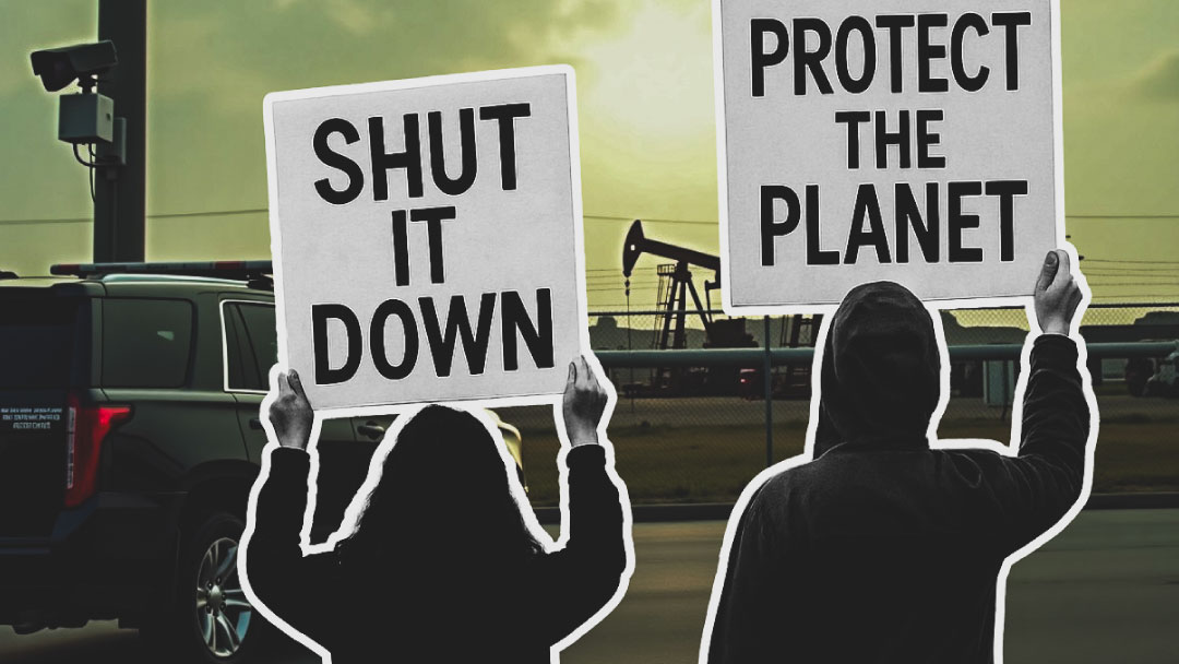Protesters holding signs outside a secured facility highlight the risk of eco-terrorism in oil and gas operations.