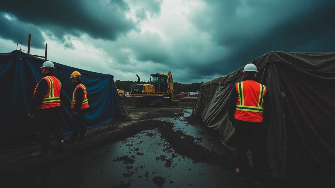 Construction workers securing a job site during stormy weather, with dark clouds, tarps, and heavy equipment in view — protecting construction sites in extreme weather.